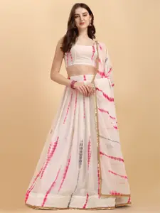 Amrutam Fab White & Red Printed Tie and Dye Semi-Stitched Lehenga & Unstitched Blouse With Dupatta