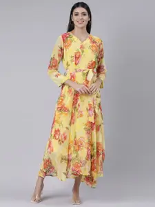 Souchii Yellow Floral Layered Chiffon Maxi Maxi Dress