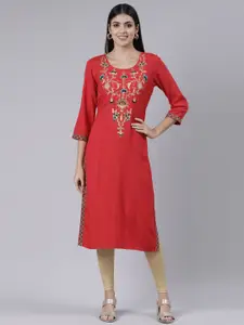 Souchii Women Red Embroidered Flared Sleeves Thread Work Grandeur & Majestic Artwork Kurta