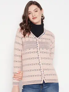 Zigo Women V-Neck Self Design Wool Cardigan Sweater