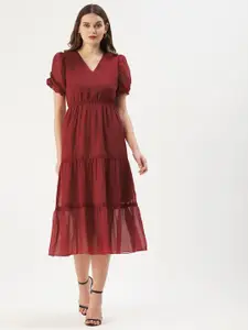 DressBerry V-Neck Puff Sleeves Midi Fit & Flare Dress