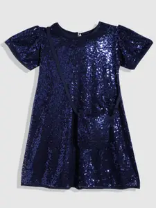 YK Girls Embellished Sequined Net A-Line Dress With Bag