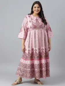 W Plus Size Ethnic Motifs Printed Keyhole Neck Maxi Fit & Flare Ethnic Dress