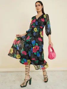 Styli Floral Printed Wrap Style Midi Dress
