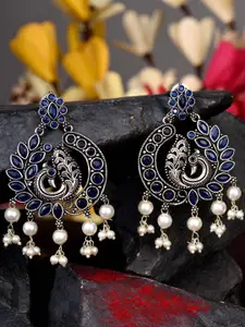 Saraf RS Jewellery Silver-Plated Oxidised Peacock shaped Drop Earrings