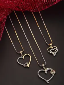 ZENEME Set Of 3 Gold-Plated & Cubic Zirconia Stone-Studded Heart Shaped Pendant With Chain