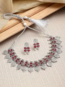 ZENEME Silver Plated Artistically Designed Kundan Studded Oxidised Necklace Jewellery Set