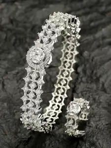 ZENEME Women Rhodium-Plated American Diamond Bracelet With Ring