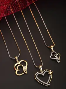 ZENEME Set Of 3 Gold-Plated & CZ Studded Heart Shape Pendant With Chain
