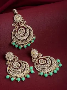 ZENEME 18 K Gold Plated White Kundan Stone Studded Earring & Mangtikka Jewellery Set