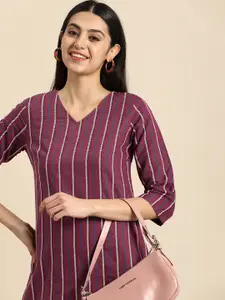 Anouk Women Woven Design Striped V-Neck Straight Kurta