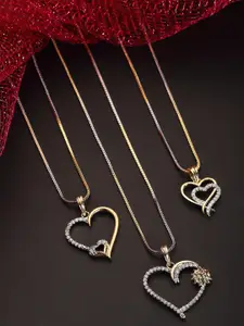 Kennice Set Of 3 Gold-Plated & CZ Studded Heart Shape Pendant With Chain