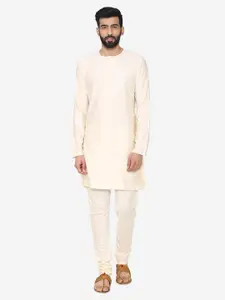 Manyavar Men Cream-Coloured Solid Straight Kurta