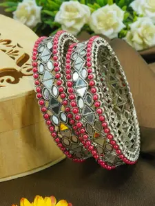 GRIIHAM Set Of 2 Silver-Plated Oxidized Mirror Work  & Beaded Bangles