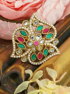 GRIIHAM Gold-Plated AD Stone-Studded & Pearl Beaded Antique Designer Adjustable Finger Ring