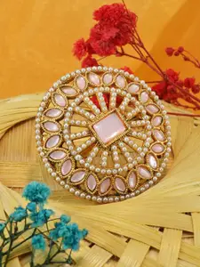 GRIIHAM Gold-Plated Kundan-Studded & Pearl Beaded Adjustable Finger Ring