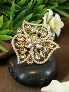 GRIIHAM Gold-Plated Kundan-Studded Pearl Beaded Antique  Designer Adjustable Finger Ring