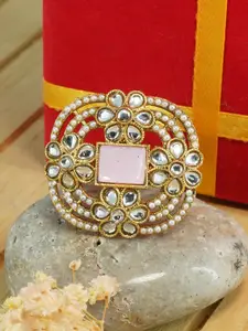 GRIIHAM Gold-Plated Kundan-Studded & Pearl Beaded Antique Designer Adjustable Finger Ring