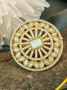 GRIIHAM Gold-Plated Kundan-Studded & Pearl Beaded Antique Designer Adjustable Finger Ring