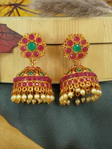 GRIIHAM Red & Green Gold-Plated Contemporary Jhumkas Earrings