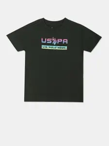 U.S. Polo Assn. Kids Boys Green Typography Printed Pure Cotton T-shirt