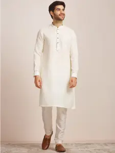 Manyavar Men Mandarin Collar White Romance Linen Kurta