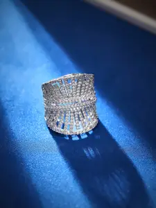 Rubans Rhodium-Plated White Cubic Zirconia Studded Abstract Fan Design Statement Ring
