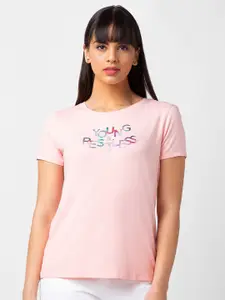 SPYKAR Women Embellished Printed Round Neck Cotton T-shirt