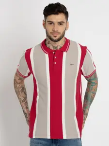 Status Quo Men Red Striped Polo Collar Cotton T-shirt