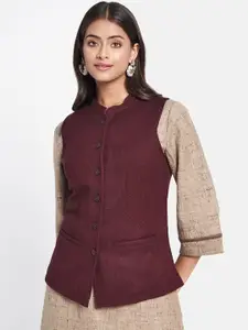 Fabindia Women Woven Design Mandarin Collar Wool Nehru Jacket