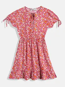 M&H Juniors Girls Floral Printed Button Detail Elasticated Waist Fit & Flare Dress