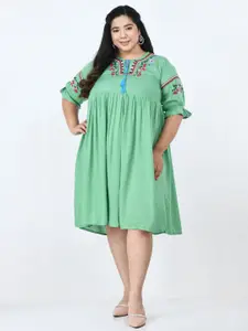 SAAKAA Plus Size Floral Embroidered Tie-Up Neck A-Line Dress