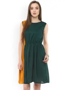 Zima Leto Women Green & Mustard Yellow Colourblocked Fit and Flare Dress