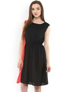 Zima Leto Women Black & Coral Pink Colourblocked Fit and Flare Dress