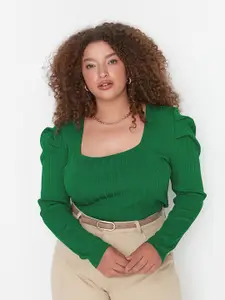 Trendyol Self Design Square Neck Long Puff Sleeves Fitted Top