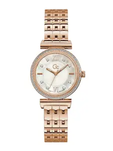 GC Women Beige Embellished Dial & Gold Toned Stainless Steel Bracelet Style Straps Analogue Watch