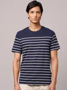 Celio Men Navy Blue Striped Polo Collar T-shirt