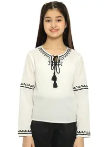 Natilene Embroidered Tie-Up Neck Top