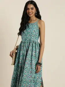 Taavi Sanganeri Pure Cotton Floral Print Shoulder Straps A-Line Dress with Pockets