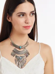 PANASH Silver-Toned & Turquoise Blue Stone-Studded Statement Necklace