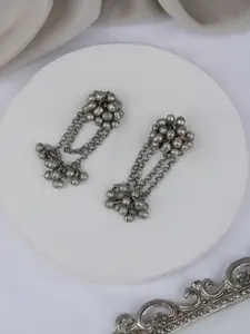 TEEJH Silver-Plated Contemporary Oxidised Drop Earrings