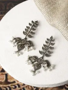 TEEJH Silver-Plated Oxidised Leaf Shaped Drop Earrings