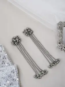 TEEJH Silver-Plated Oxidised Contemporary Drop Earrings