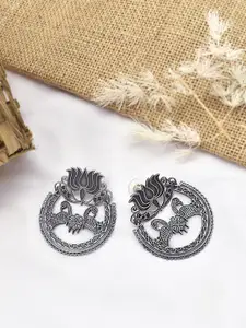 TEEJH Silver-Plated Oxidised Peacock Shaped Studs Earrings