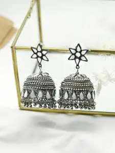 TEEJH Silver-Plated Oxidised Classic Jhumkas Earrings