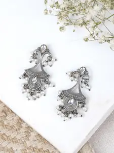 TEEJH Silver-Plated Contemporary Oxidised Drop Earrings