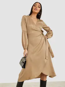 Styli Wrap Style Puff Sleeves Midi Dress