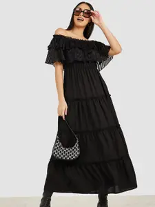 Styli Off-Shoulder Flared Sleeves Tiered Maxi Dress