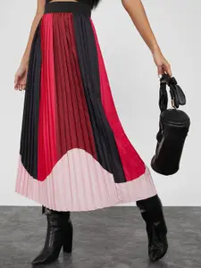 Styli Colourblocked Accordion Pleated A-Line Midi Skirt