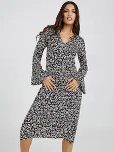Styli Floral Printed Bell Sleeves A-Line Midi Dress